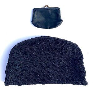 VTG Mid Century Koret Trésor Glass Black Bead Clutch Handbag w/Satin Coin Purse